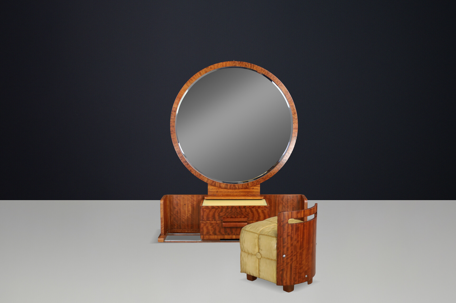 French Art Deco Vanity with Sliding Center Cabinet and Stool, 1930s Early-20th century