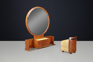 French Art Deco Vanity with Sliding Center Cabinet and Stool, 1930s Early-20th century
