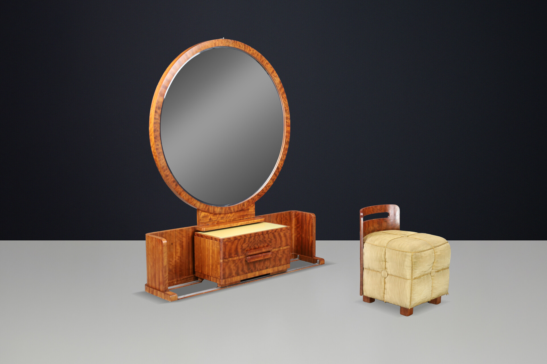 French Art Deco Vanity with Sliding Center Cabinet and Stool, 1930s Early-20th century