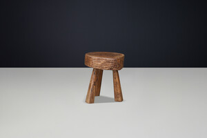 French Hand-Carved Solid Oak Primitive Stool, France, 1950s Mid-20th century