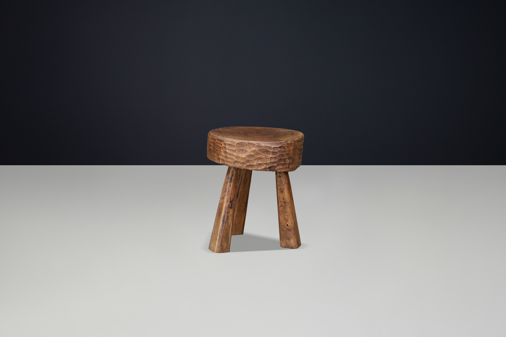 French Hand-Carved Solid Oak Primitive Stool, France, 1950s Mid-20th century
