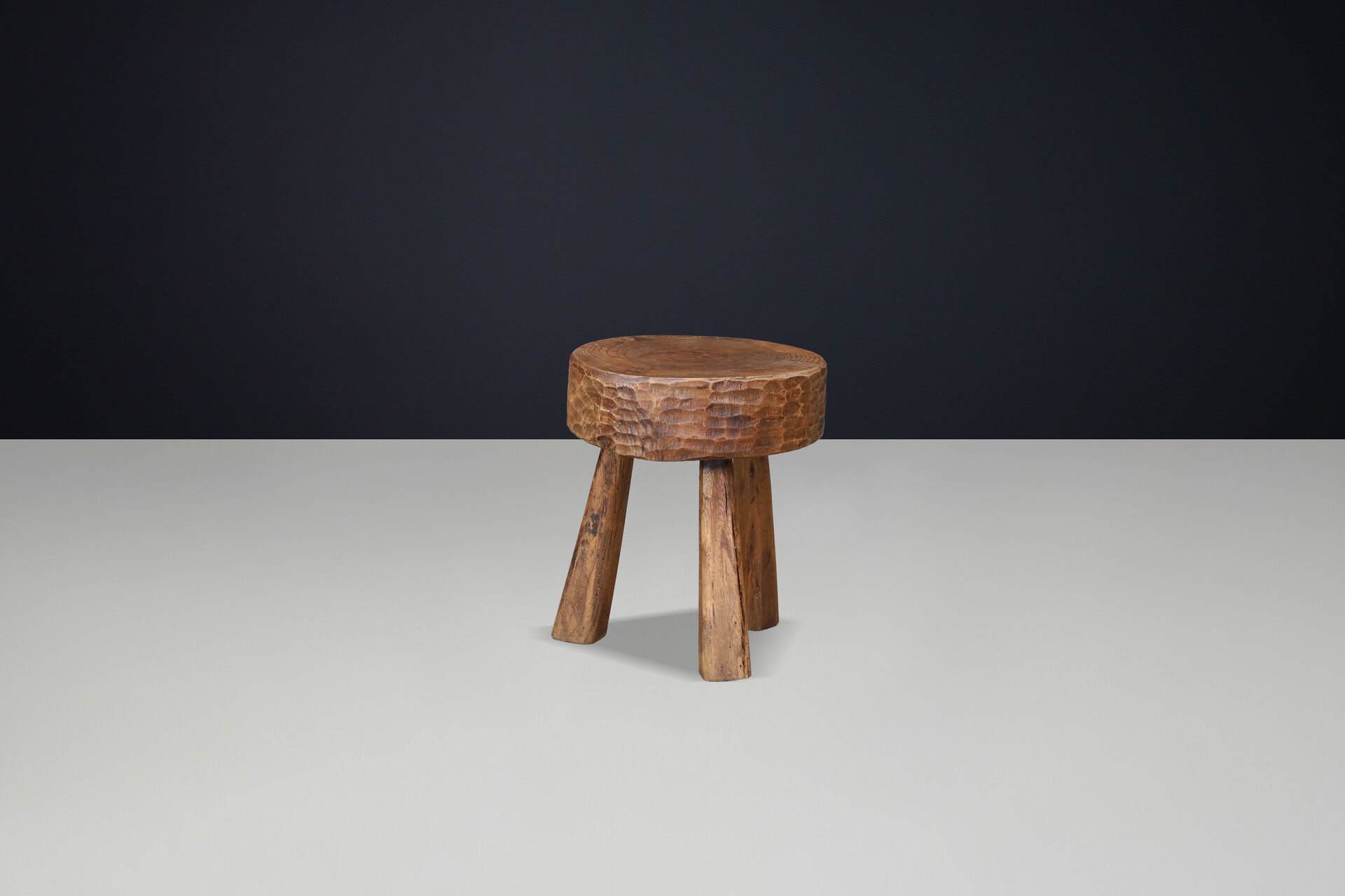 French Hand-Carved Solid Oak Primitive Stool, France, 1950s Mid-20th century