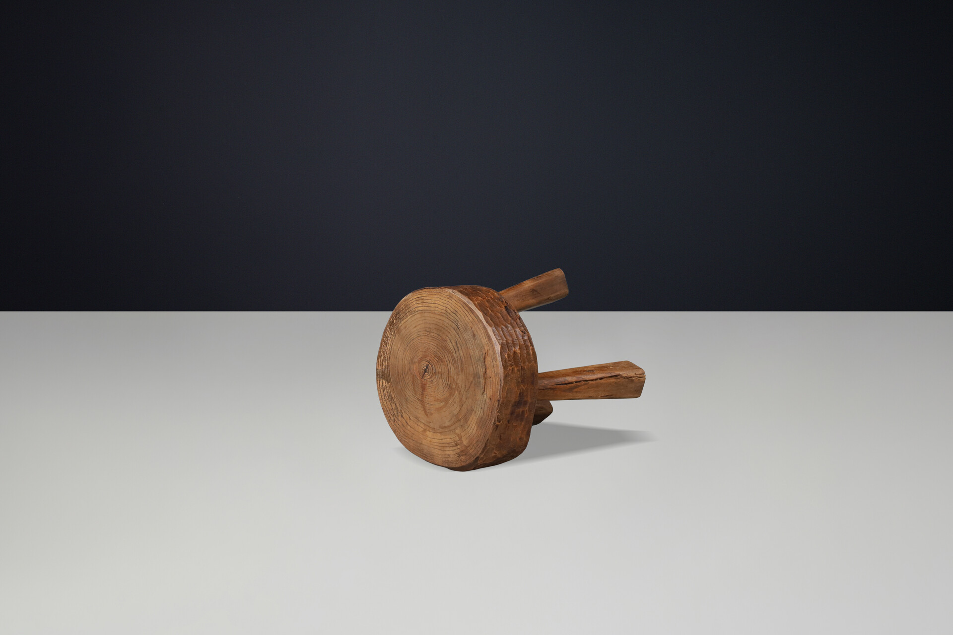 French Hand-Carved Solid Oak Primitive Stool, France, 1950s Mid-20th century
