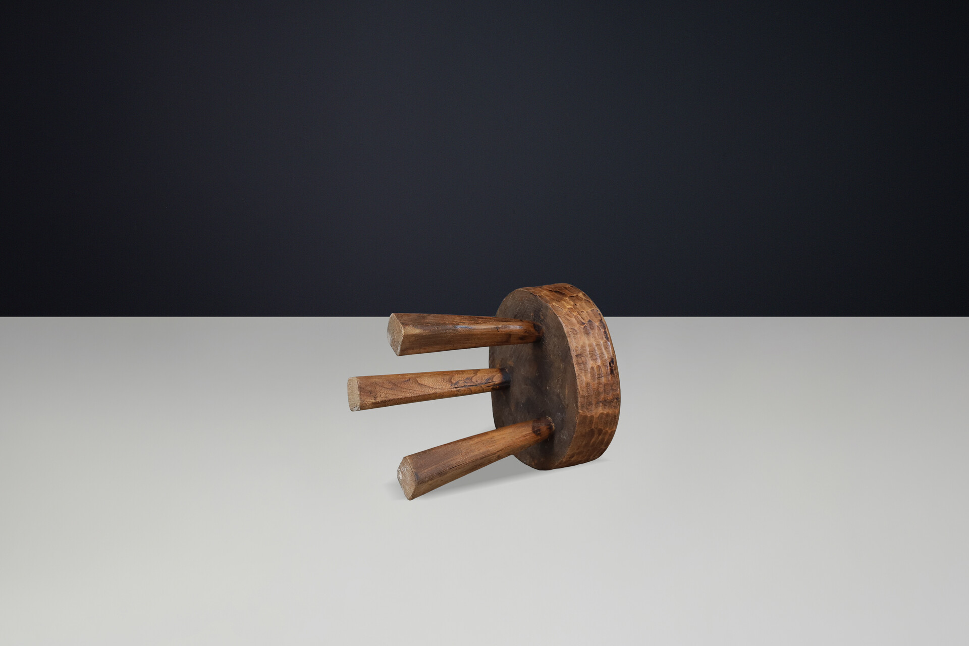 French Hand-Carved Solid Oak Primitive Stool, France, 1950s Mid-20th century
