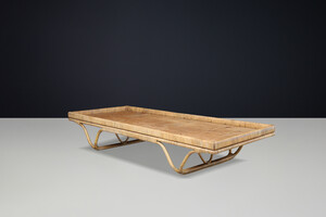French Mid-Century Bamboo Daybed 1950s Audoux Minet Style Woven Rattan Platform Mid-20th century