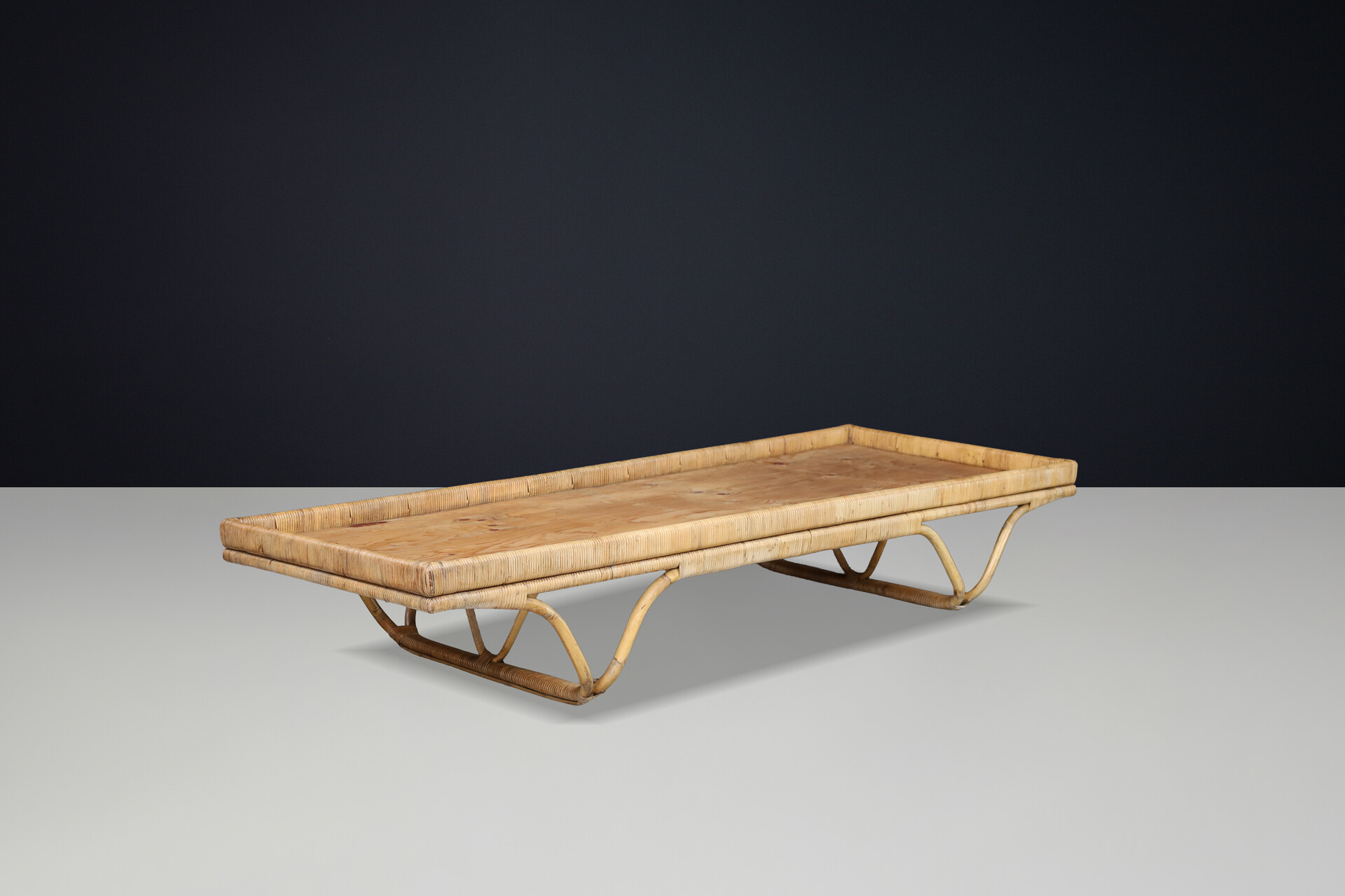 French Mid-Century Bamboo Daybed 1950s Audoux Minet Style Woven Rattan Platform Mid-20th century