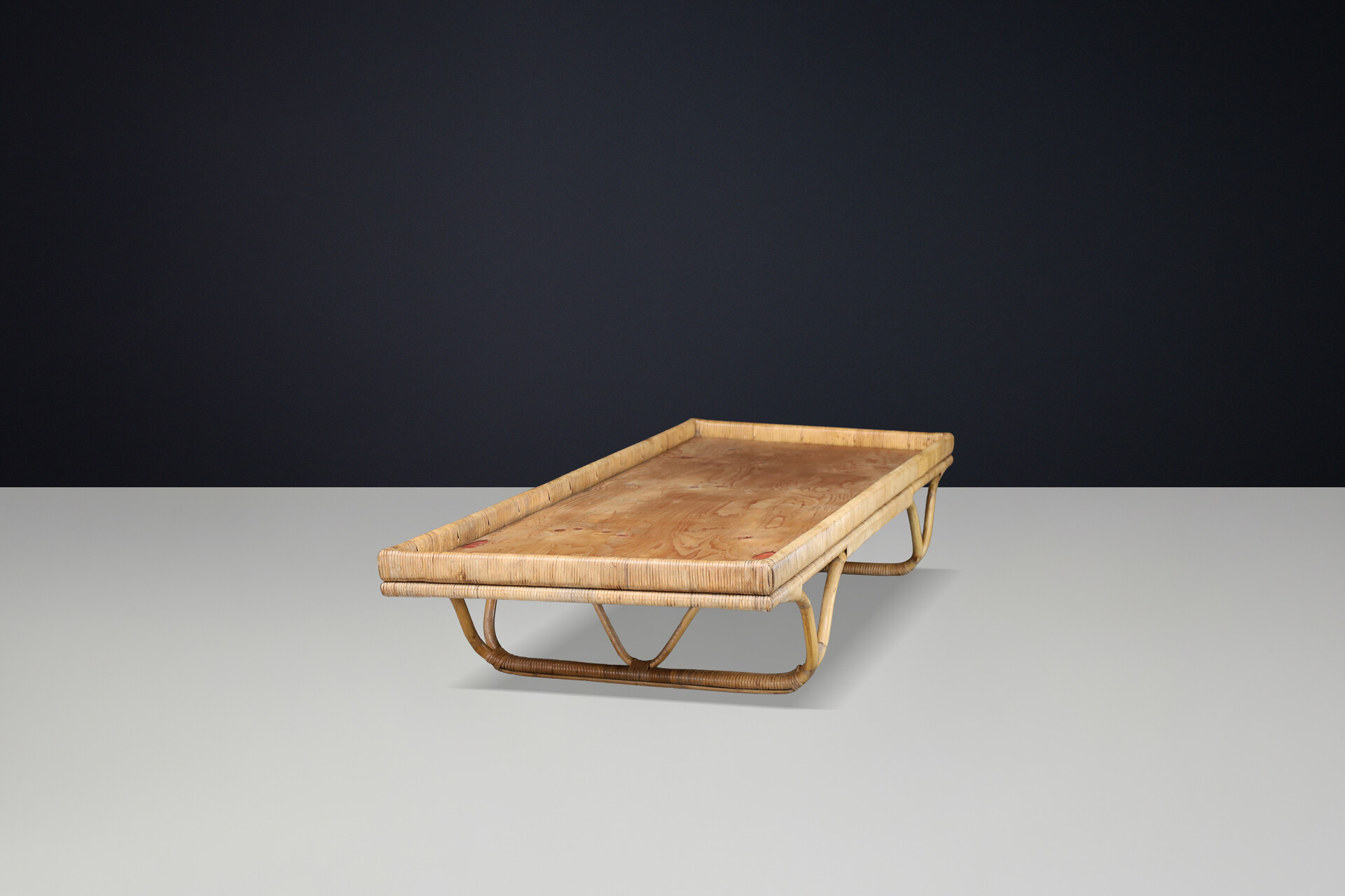 French Mid-Century Bamboo Daybed 1950s Audoux Minet Style Woven Rattan Platform Mid-20th century