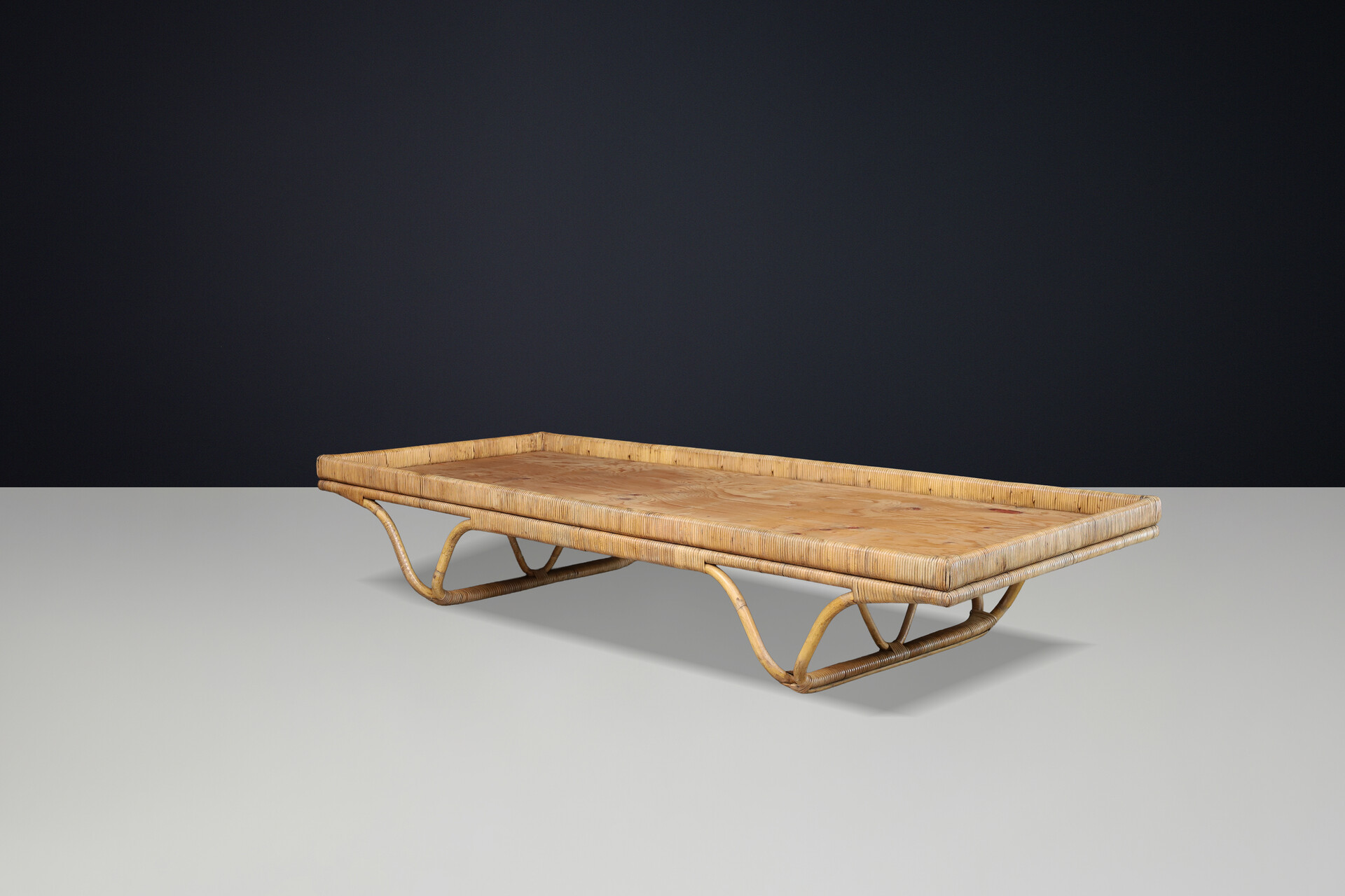 French Mid-Century Bamboo Daybed 1950s Audoux Minet Style Woven Rattan Platform Mid-20th century