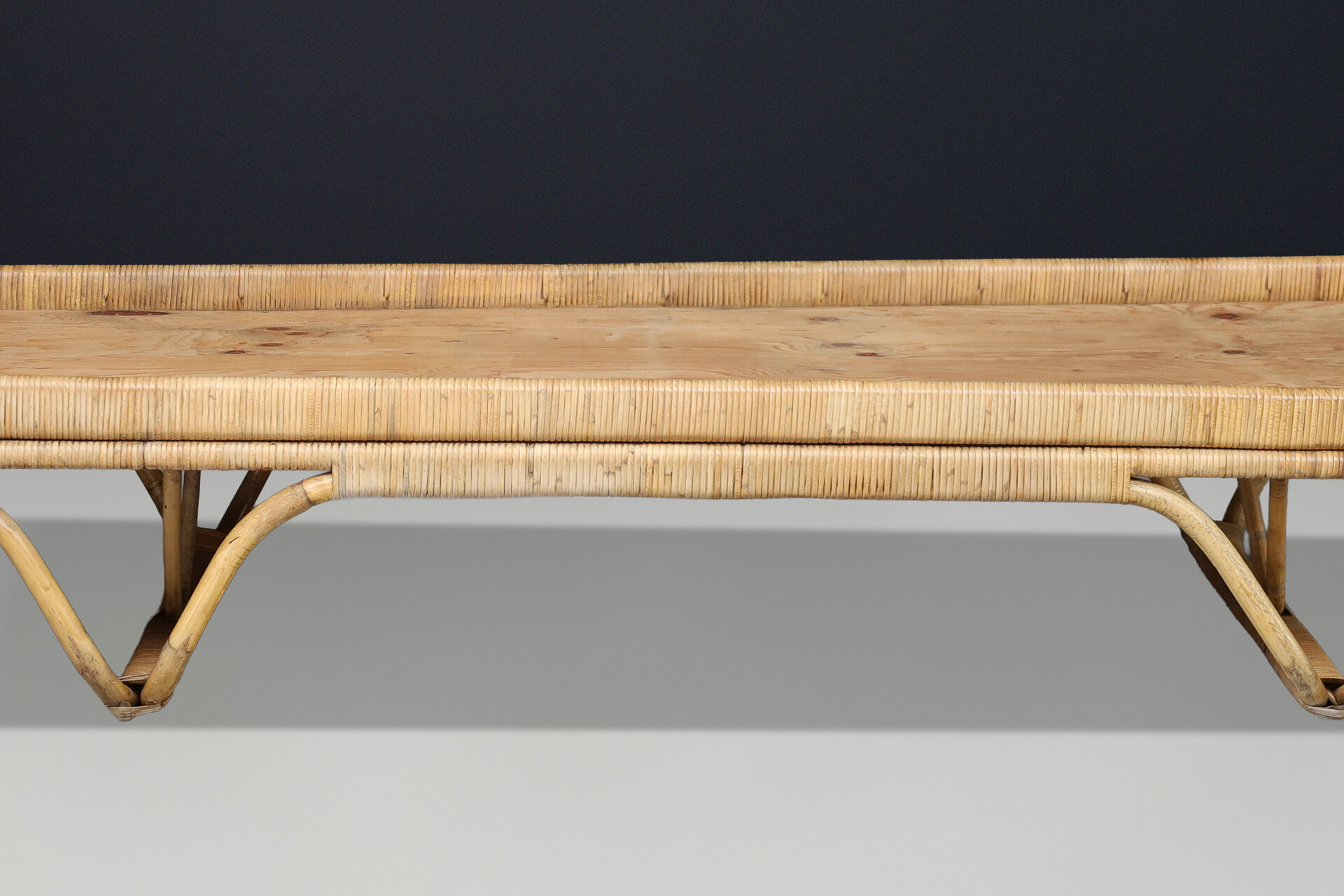 French Mid-Century Bamboo Daybed 1950s Audoux Minet Style Woven Rattan Platform Mid-20th century