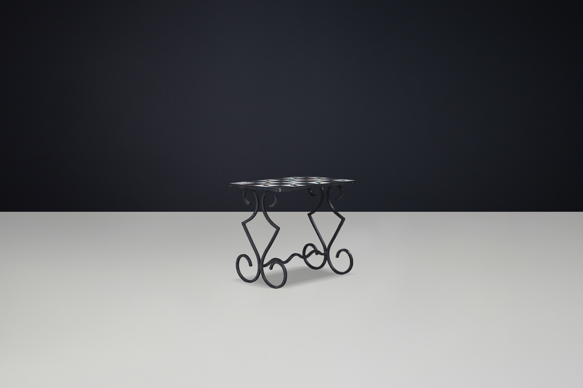 French provincial Ceramic Tile and Wrought Iron Table with Bird Motif, France 1950s Mid-20th century