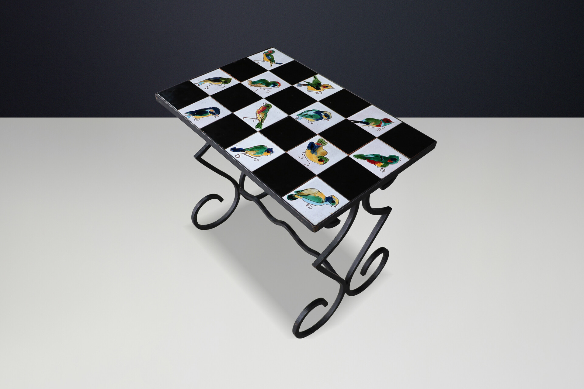 French provincial Ceramic Tile and Wrought Iron Table with Bird Motif, France 1950s Mid-20th century