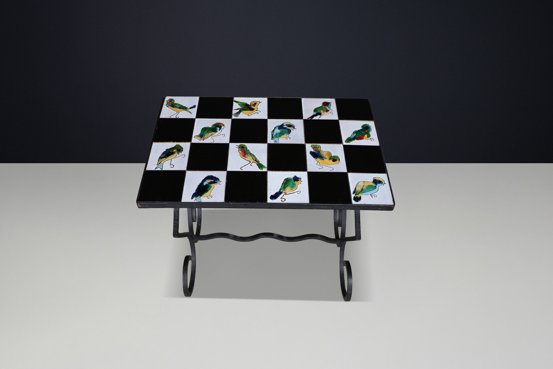 French provincial Ceramic Tile and Wrought Iron Table with Bird Motif, France 1950s Mid-20th century