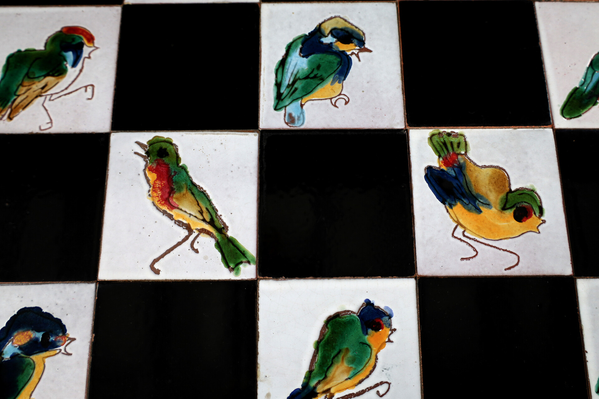 French provincial Ceramic Tile and Wrought Iron Table with Bird Motif, France 1950s Mid-20th century