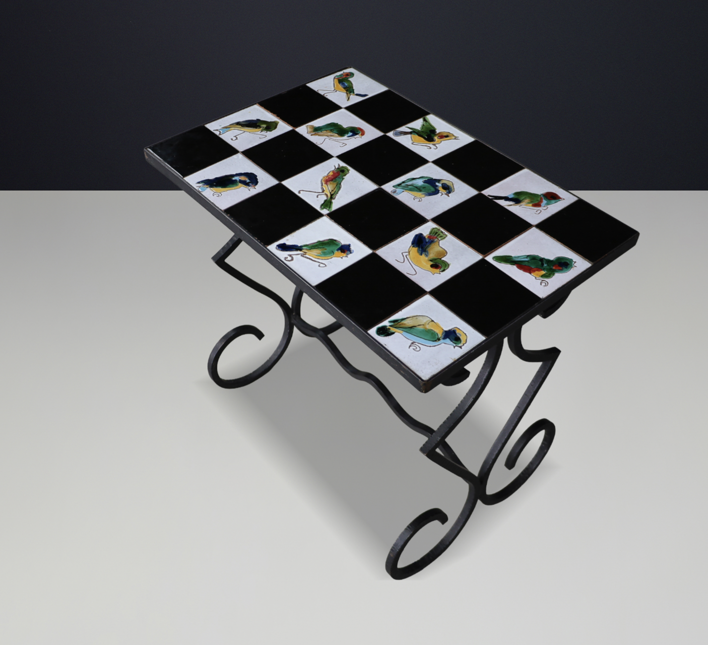 French provincial Ceramic Tile and Wrought Iron Table with Bird Motif, France 1950s Mid-20th century