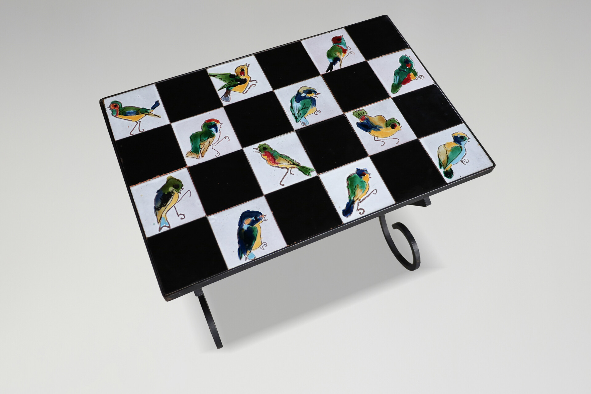 French provincial Ceramic Tile and Wrought Iron Table with Bird Motif, France 1950s Mid-20th century