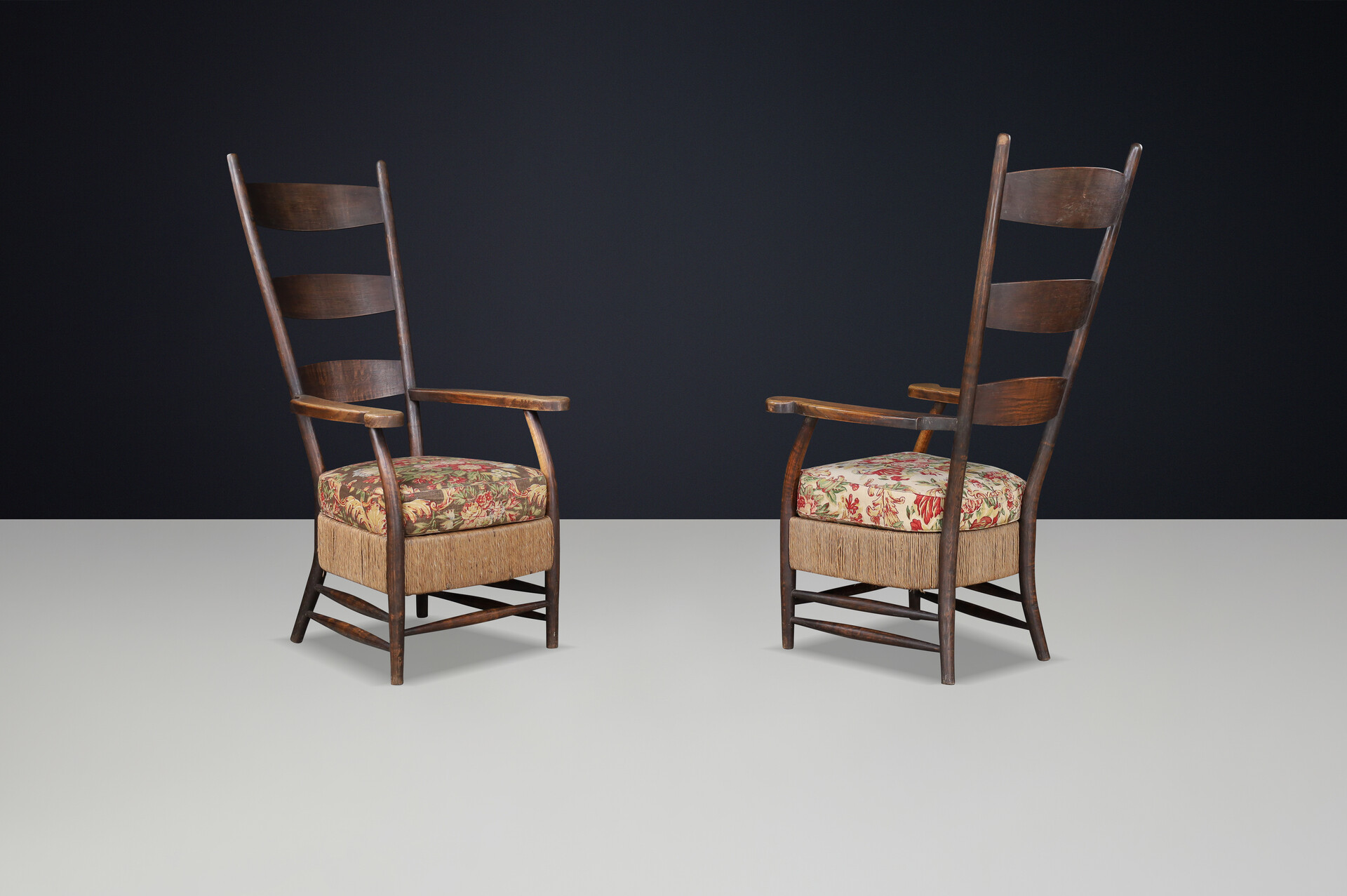 French provincial Highback arm chairs in oak, rope and floral upholstery, France 1930s Mid-20th century
