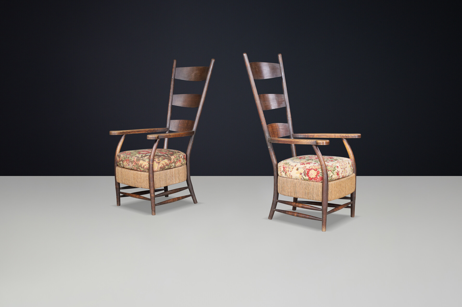 French provincial Highback arm chairs in oak, rope and floral upholstery, France 1930s Mid-20th century