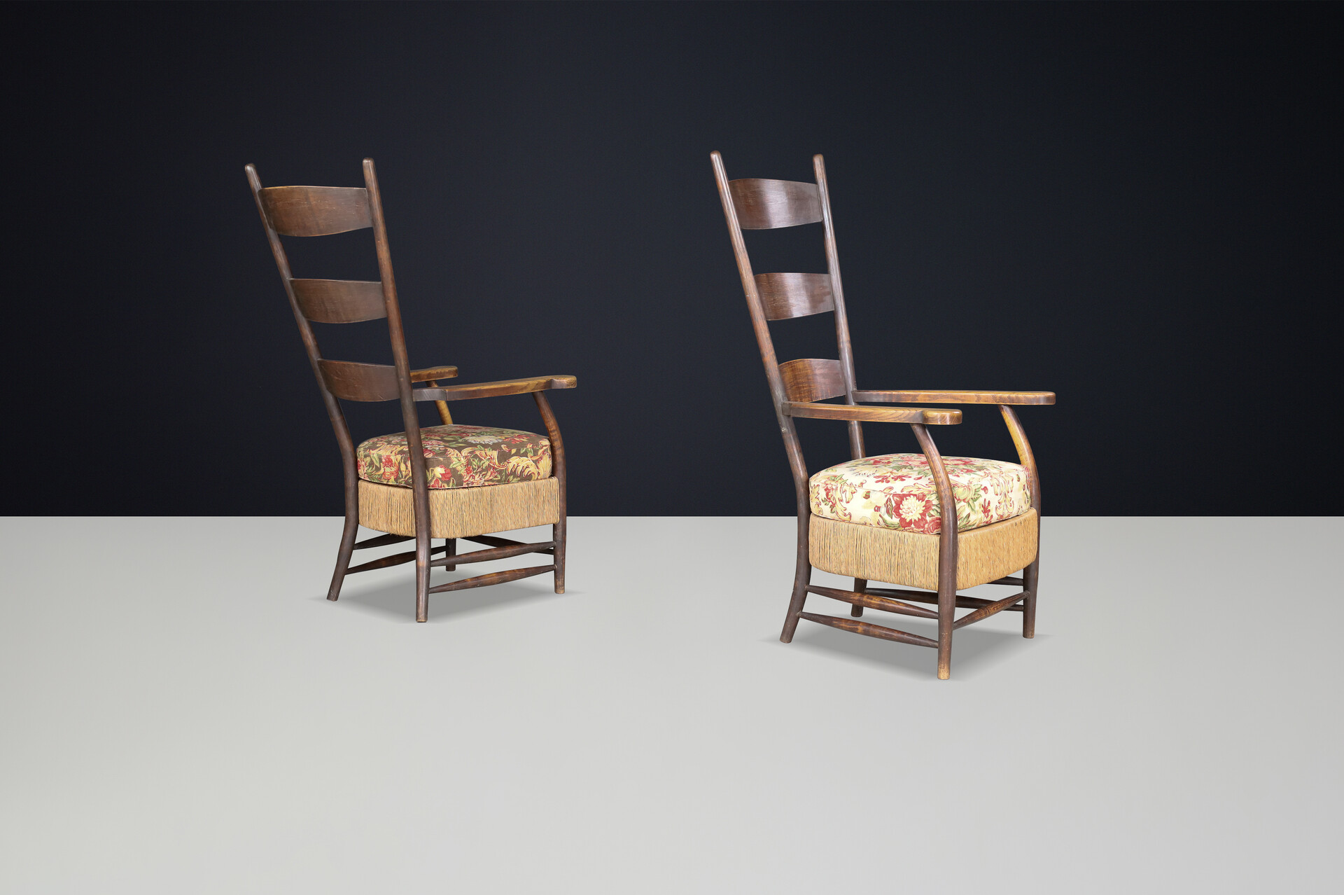 French provincial Highback arm chairs in oak, rope and floral upholstery, France 1930s Mid-20th century