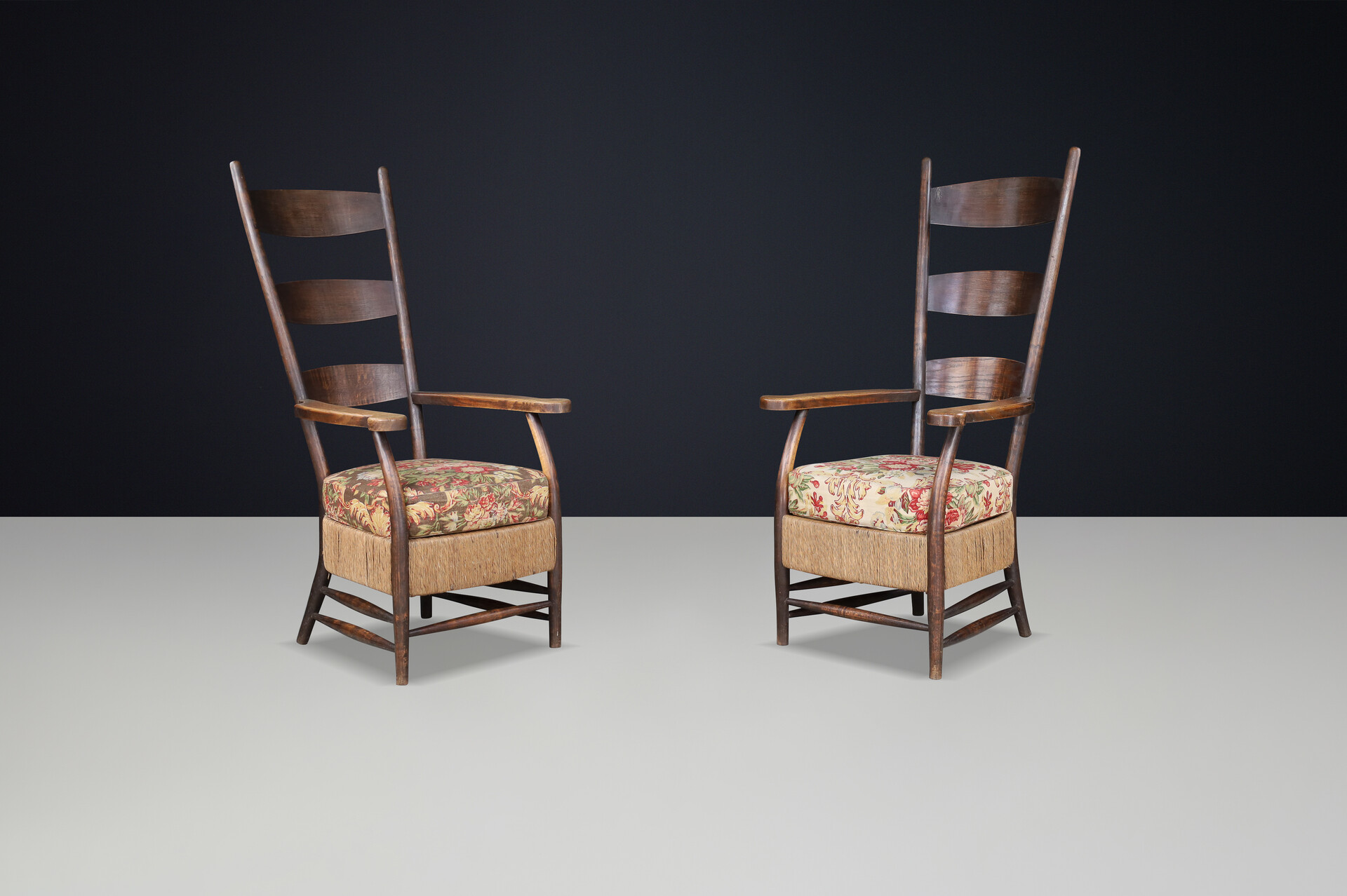 French provincial Highback arm chairs in oak, rope and floral upholstery, France 1930s Mid-20th century