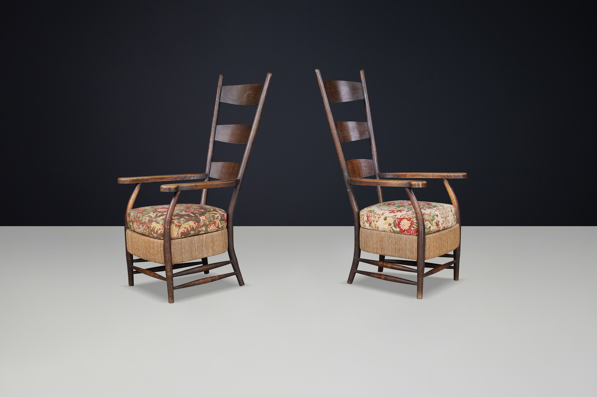 French provincial Highback arm chairs in oak, rope and floral upholstery, France 1930s Mid-20th century