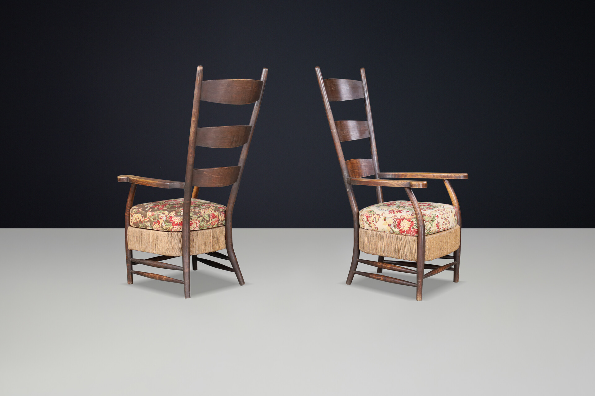 French provincial Highback arm chairs in oak, rope and floral upholstery, France 1930s Mid-20th century