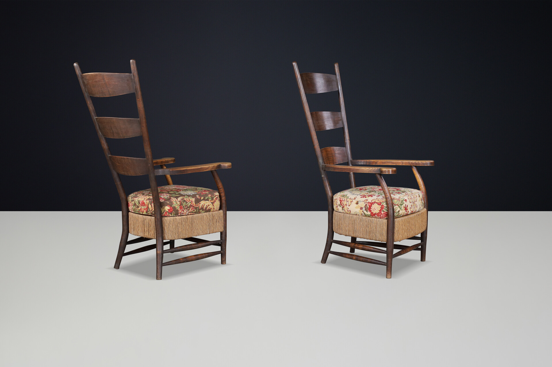 French provincial Highback arm chairs in oak, rope and floral upholstery, France 1930s Mid-20th century