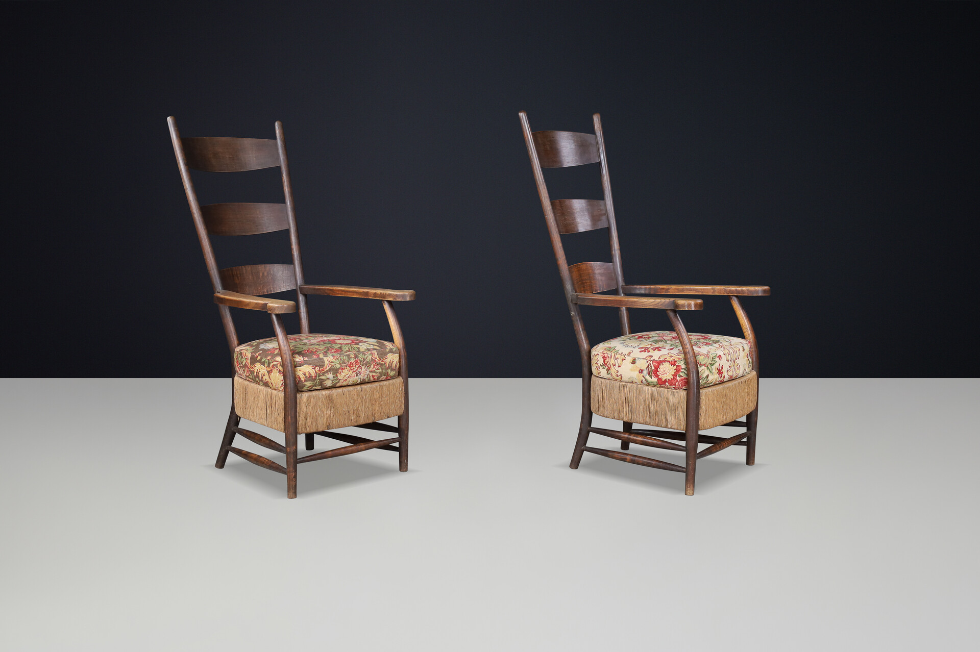 French provincial Highback arm chairs in oak, rope and floral upholstery, France 1930s Mid-20th century