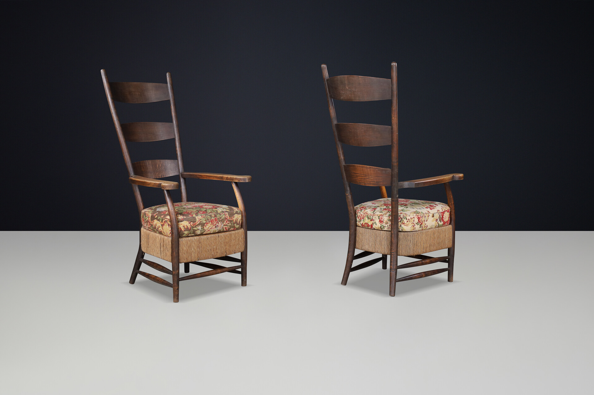French provincial Highback arm chairs in oak, rope and floral upholstery, France 1930s Mid-20th century