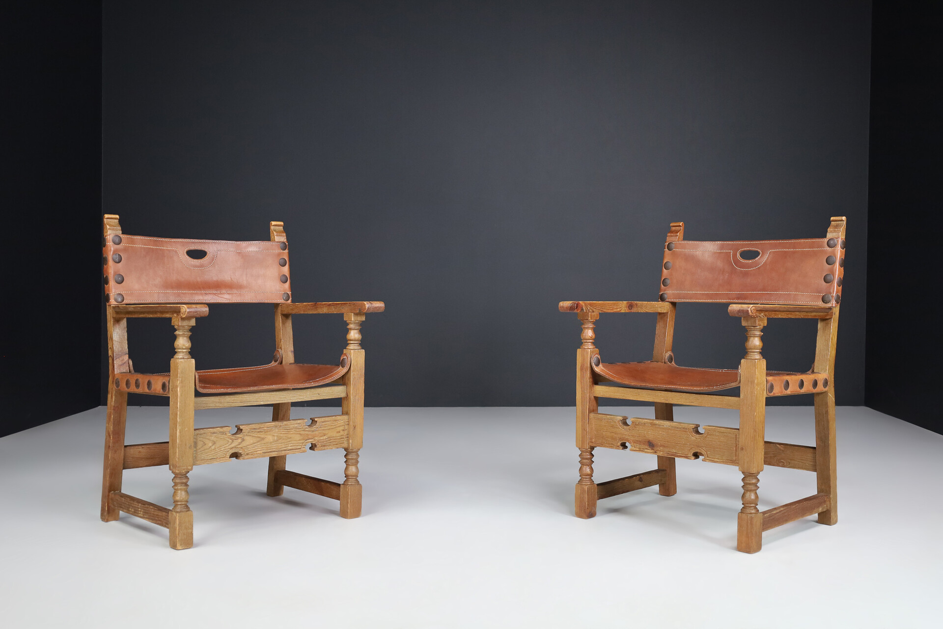 French provincial Midcentury Arm Chairs In Patinated Cognac Saddle Leather, France 1950s Mid-20th century