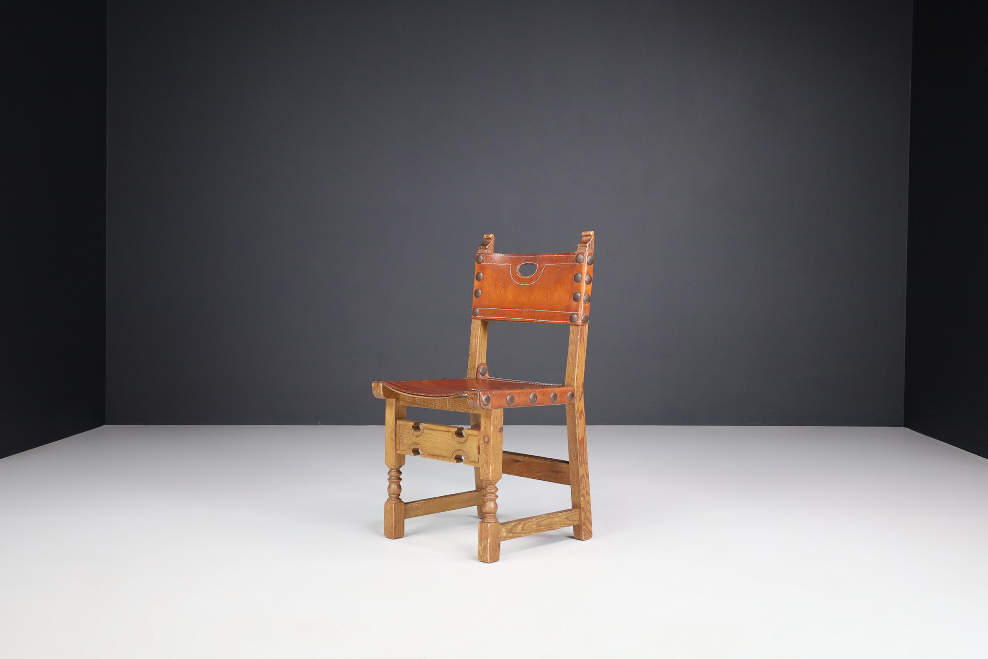 French provincial Midcentury  Chairs in Patinated Cognac Saddle Leather, France 1950s Mid-20th century