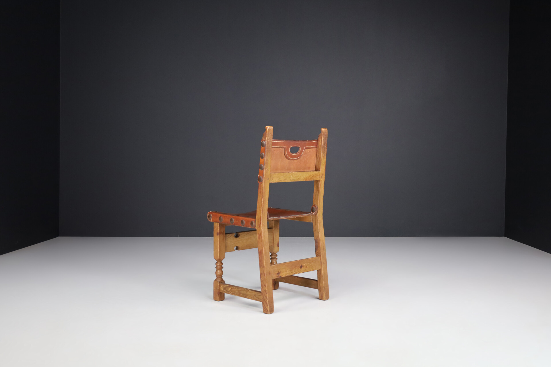French provincial Midcentury  Chairs in Patinated Cognac Saddle Leather, France 1950s Mid-20th century