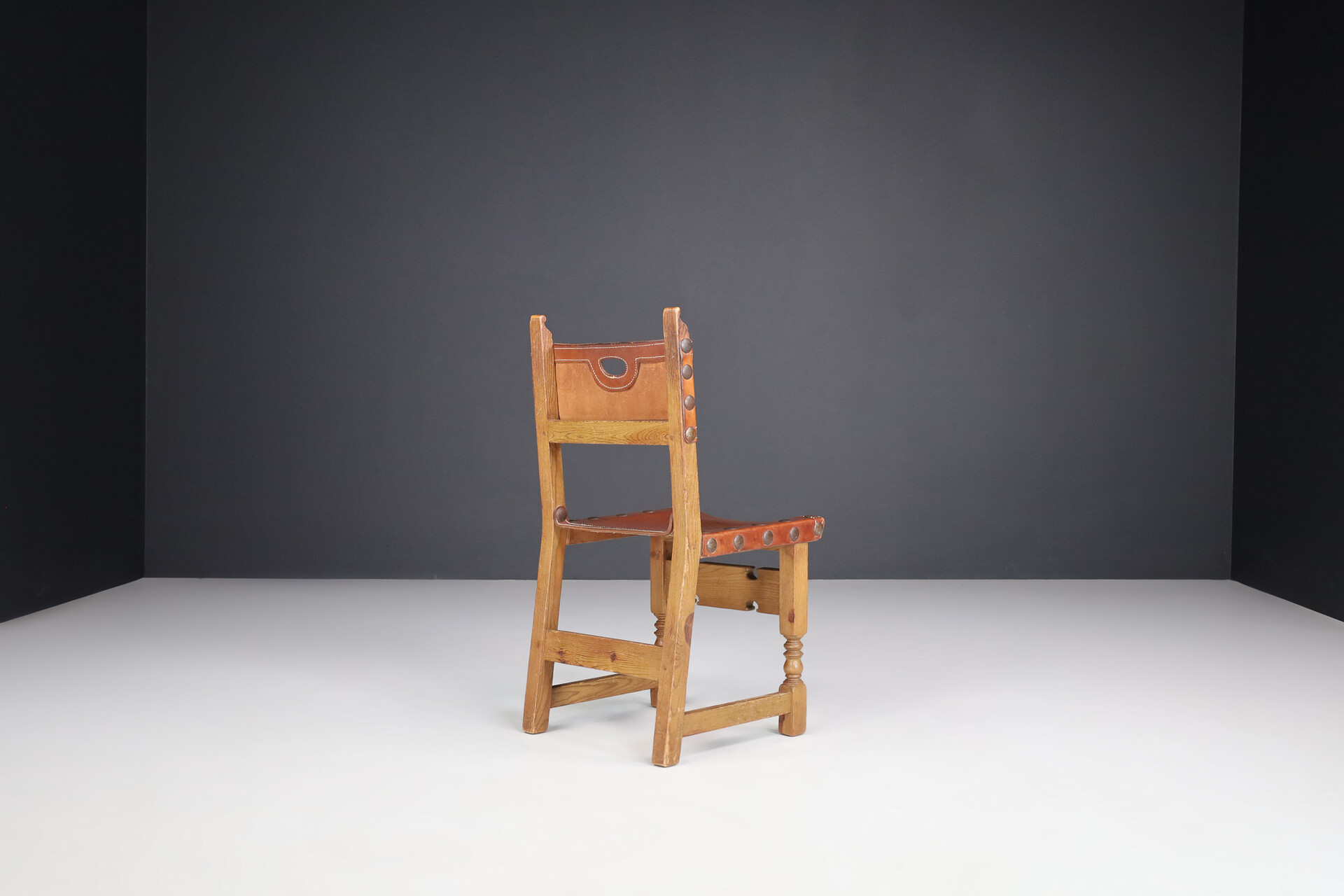 French provincial Midcentury  Chairs in Patinated Cognac Saddle Leather, France 1950s Mid-20th century