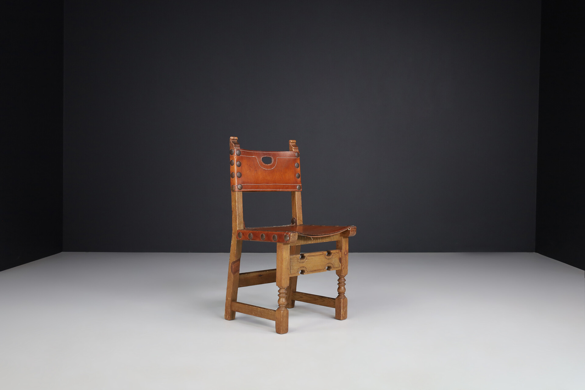 French provincial Midcentury  Chairs in Patinated Cognac Saddle Leather, France 1950s Mid-20th century