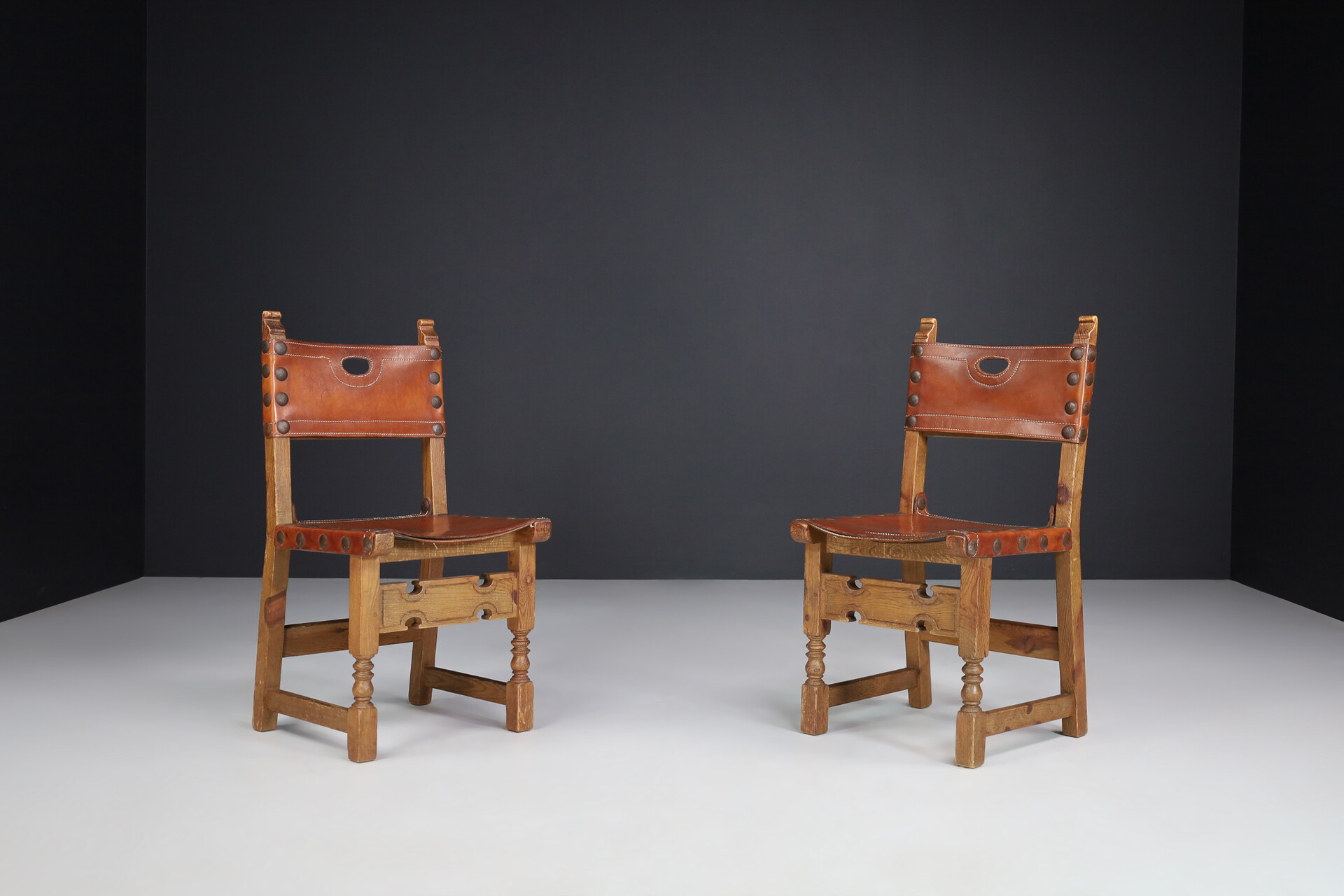 French provincial Midcentury  Chairs in Patinated Cognac Saddle Leather, France 1950s Mid-20th century