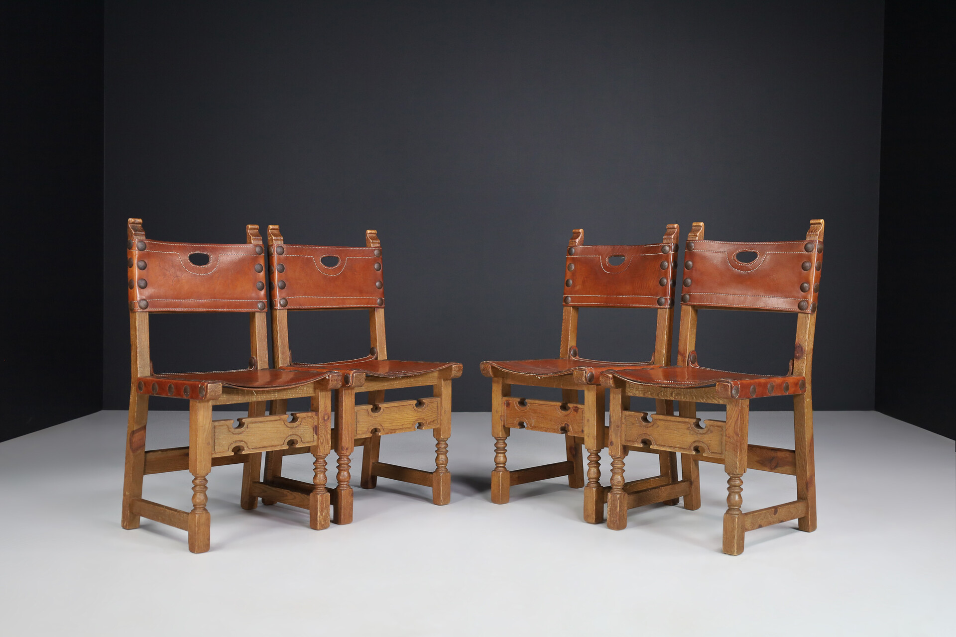French provincial Midcentury  Chairs in Patinated Cognac Saddle Leather, France 1950s Mid-20th century