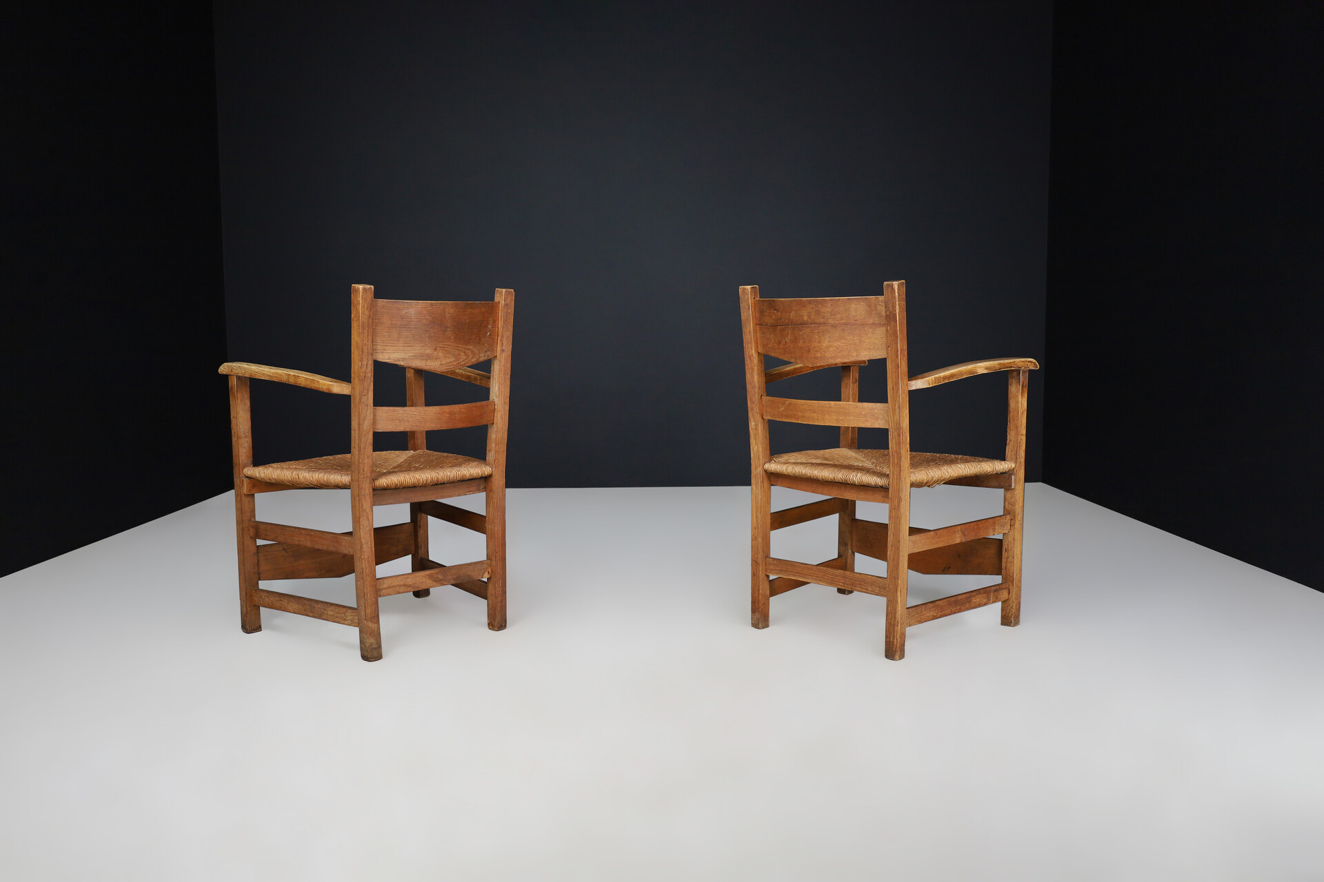 French provincial Oak and rush armchairs, France 1950s Mid-20th century