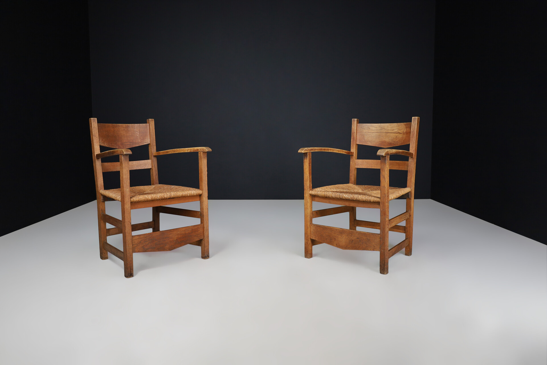 French provincial Oak and rush armchairs, France 1950s Mid-20th century