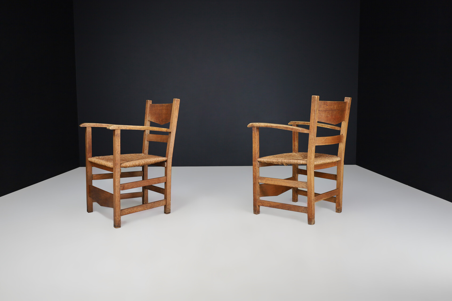 French provincial Oak and rush armchairs, France 1950s Mid-20th century