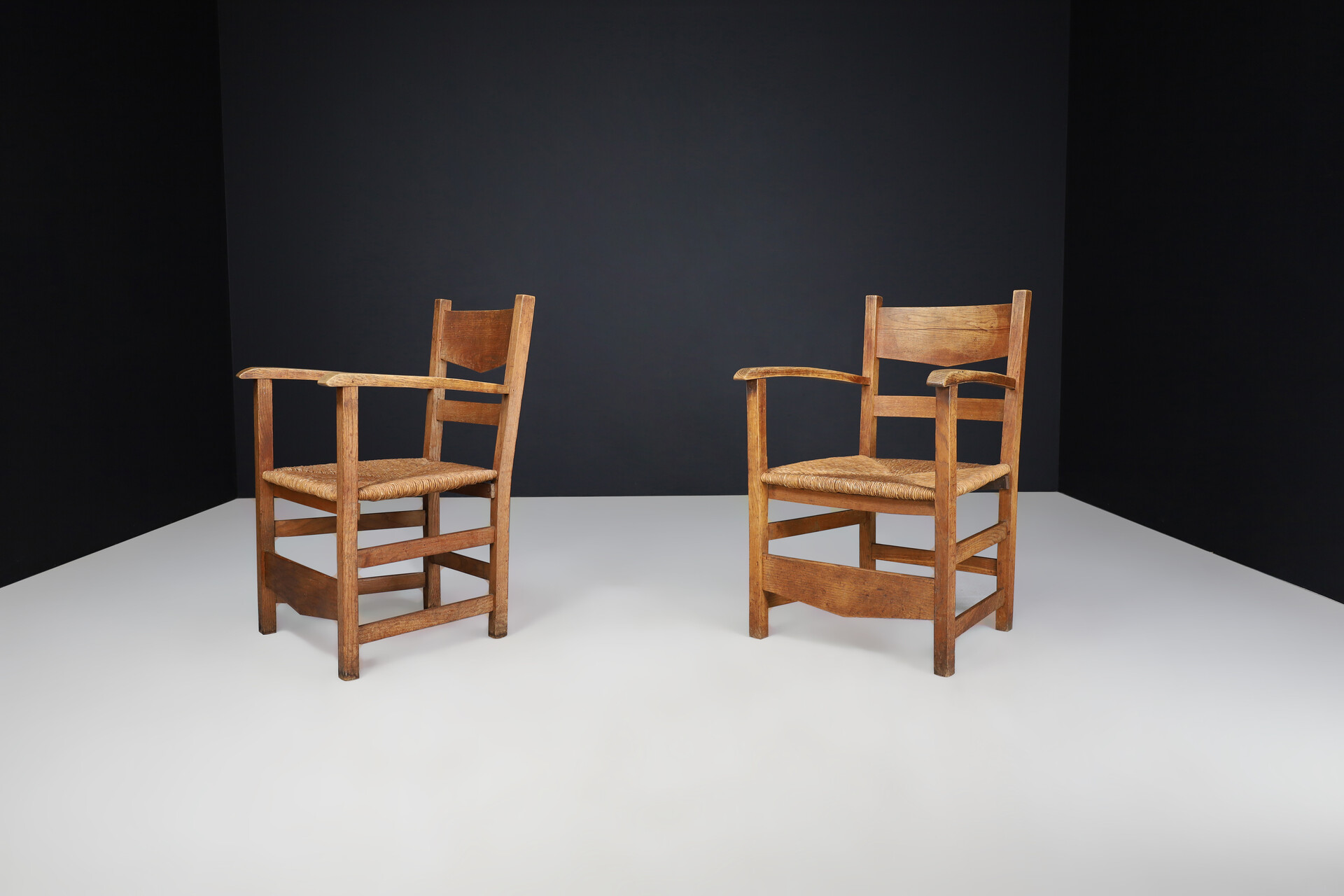 French provincial Oak and rush armchairs, France 1950s Mid-20th century