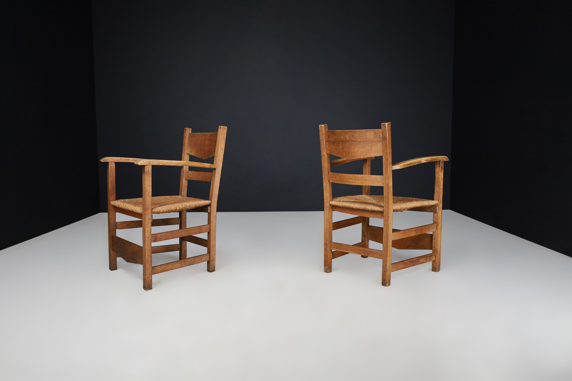 French provincial Oak and rush armchairs, France 1950s Mid-20th century