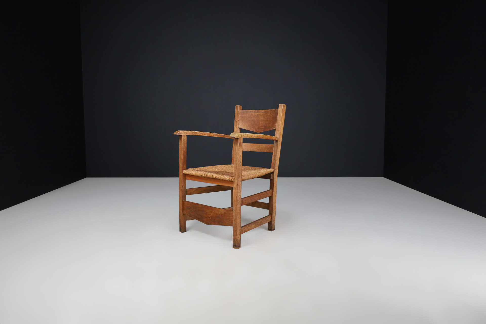 French provincial Oak and rush armchairs, France 1950s Mid-20th century