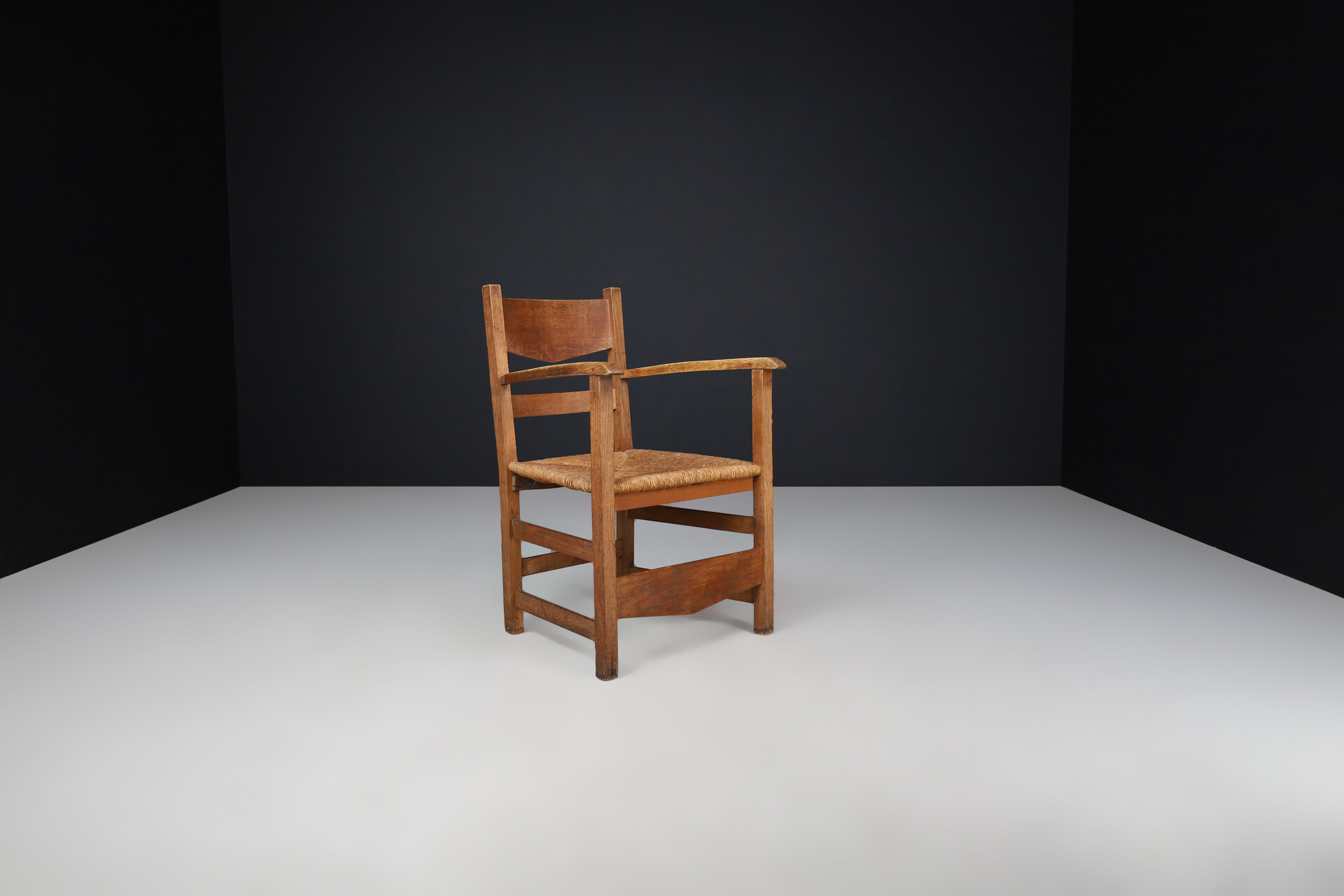 French provincial Oak and rush armchairs, France 1950s Mid-20th century