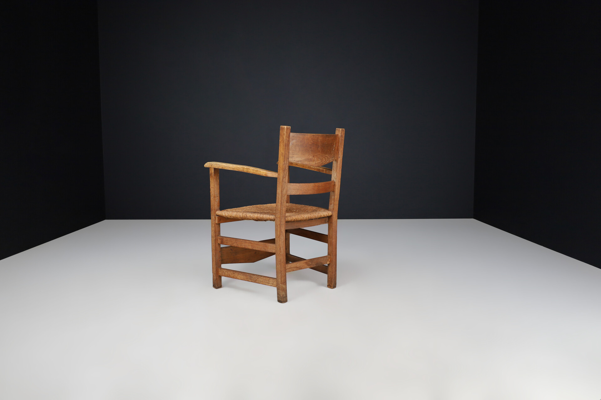 French provincial Oak and rush armchairs, France 1950s Mid-20th century