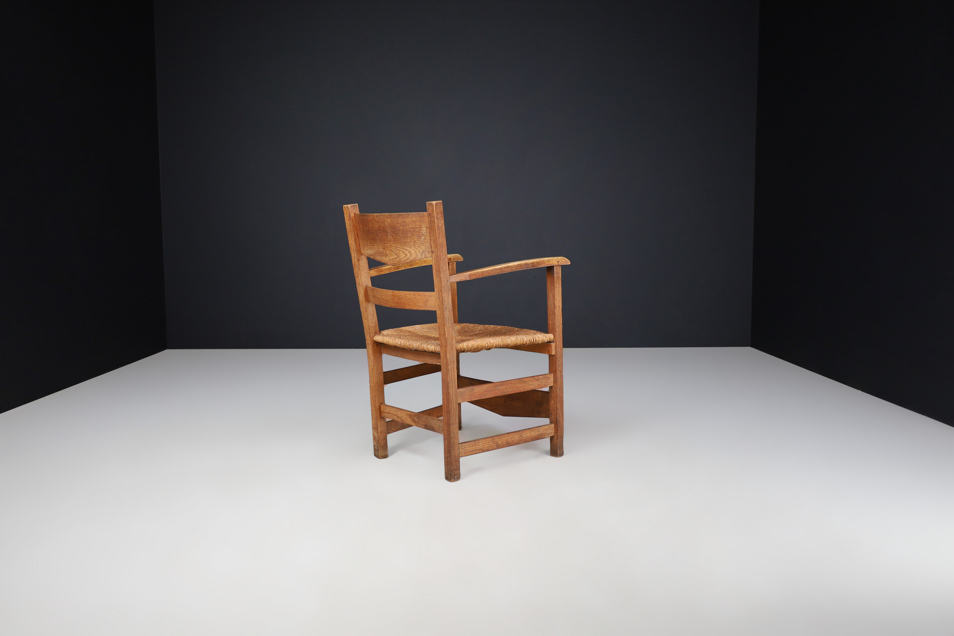 French provincial Oak and rush armchairs, France 1950s Mid-20th century