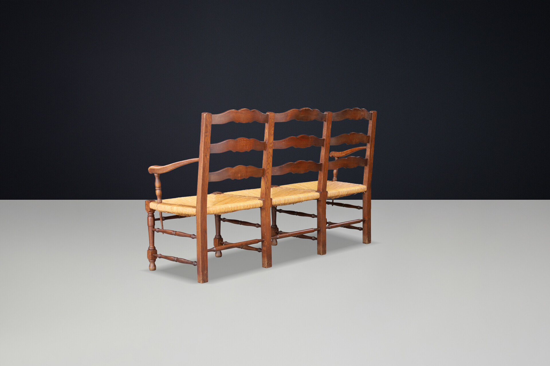 French Provincial Oak and Rush Bench, France, 1940s Mid-20th century