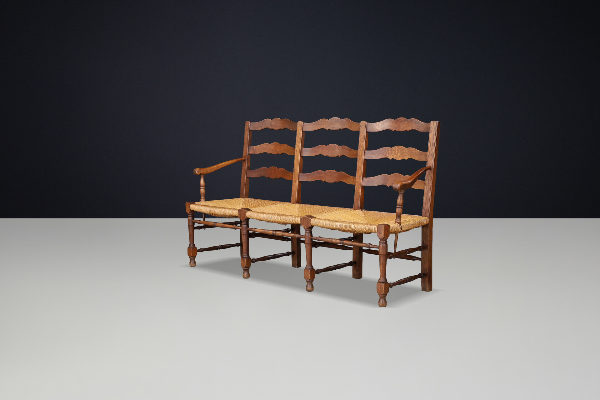 French Provincial Oak and Rush Bench, France, 1940s Mid-20th century