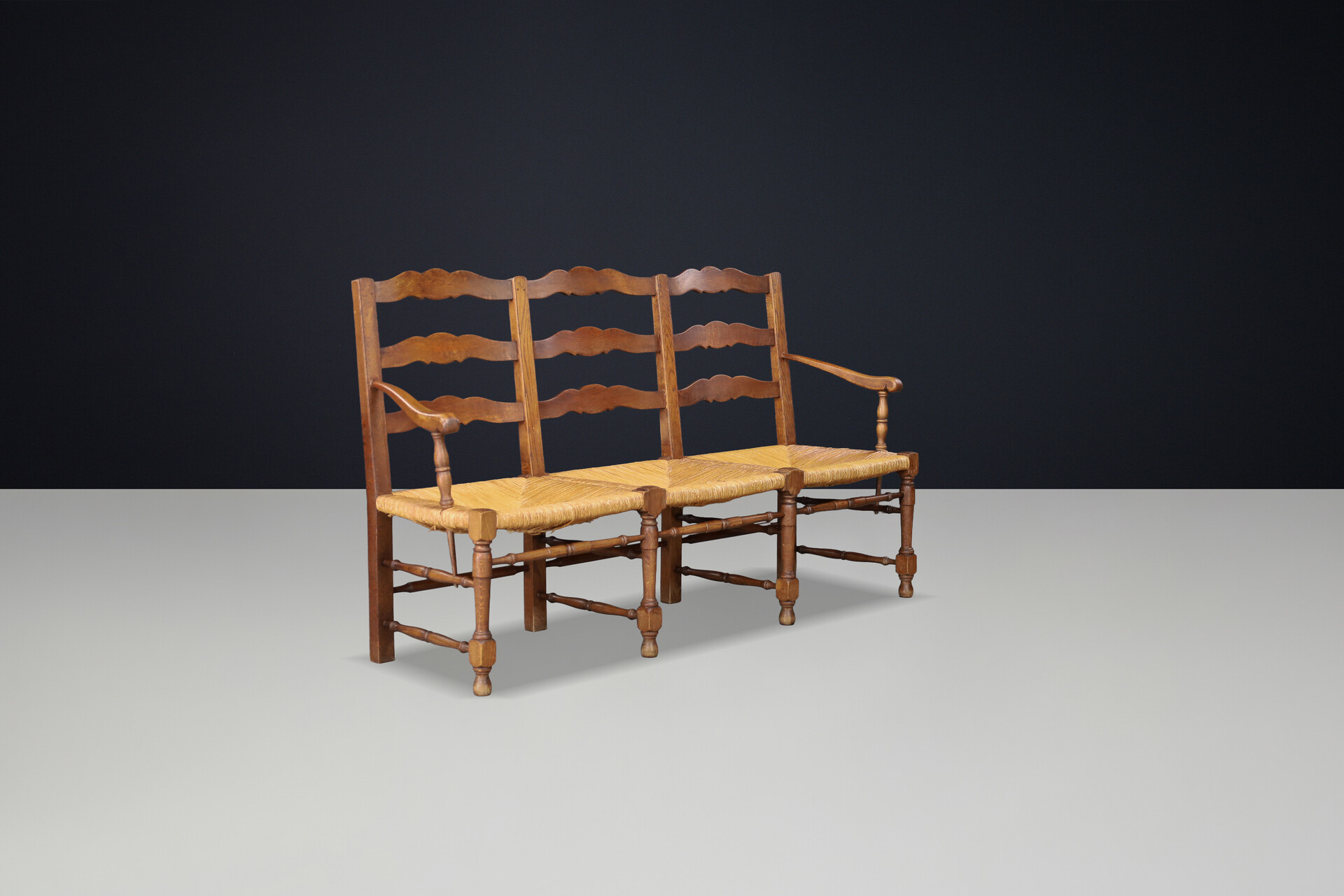 French Provincial Oak and Rush Bench, France, 1940s Mid-20th century