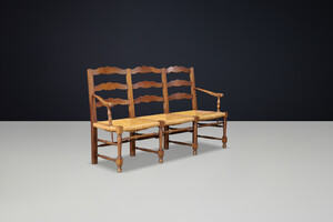 French Provincial Oak and Rush Bench, France, 1940s Mid-20th century