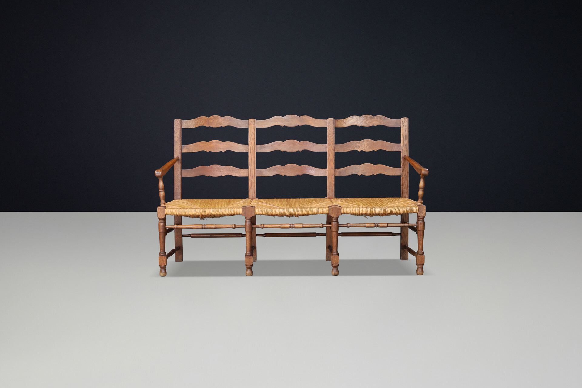 French Provincial Oak and Rush Bench, France, 1940s Mid-20th century