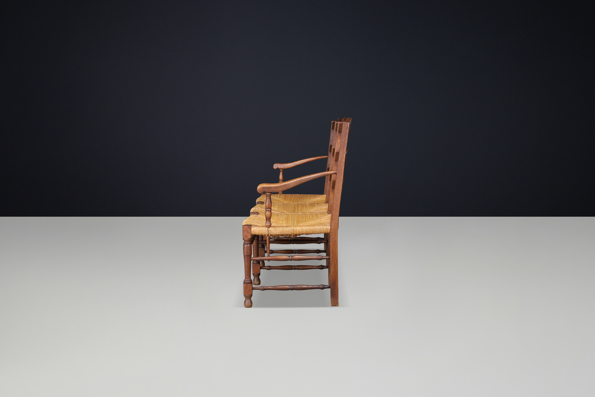 French Provincial Oak and Rush Bench, France, 1940s Mid-20th century